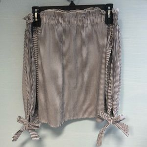 SEERSUCKER BLUE AND WHITE OFF THE SHOULDER BLOUSE